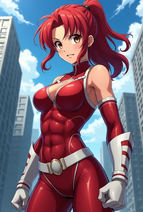  My Hero Academia Style ,   anime girl , woman, young woman ,  full body shot ,( Fighting Stance :1.3),Long Hair, Red Hair,   Brown Eyes , hero suit, Full Body Suit,  red suit with white details, perfect anatomy,  enhanced abs , super detailed,(building:1....