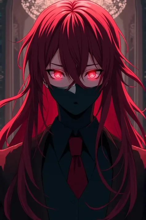 An male anime character with long crimson dark hair and red crimson sparkling eyes he wore mask to hide his face