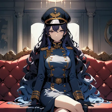 [high quality, best quality], 1girl, office, dark blue hair, navy hair, gradient hair, long hair, wavy hair, messy hair, military uniform, military cap, glove, sitting on a couch, looking at viewer, expressionless, arrogant, medium-large breast, tall, 180c...