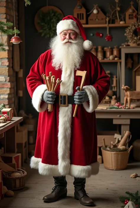 full-length image of Santa Claus, a Caucasian man with a white beard, wearing a traditional red suit, holding a set of wood tools in his hands, standing in a cozy workshop filled with wooden toys and festive decorations