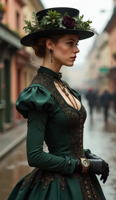 There is a woman in a 深緑
 dress with a watch and a hat,  Beautiful Victorian Woman , Victorian Woman,  beautiful woman in steampunk ,  steampunk aesthetics ,  steampunk girls ,    elegant woman digital art   , Victorian style costume,  Outfit Victorian ,  ...