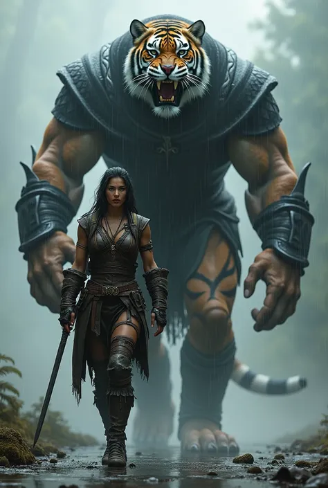 A woman dressed in a war vest carrying a sword and a very giant tiger in human form dressed in black war jirah walk together in the rainy season 