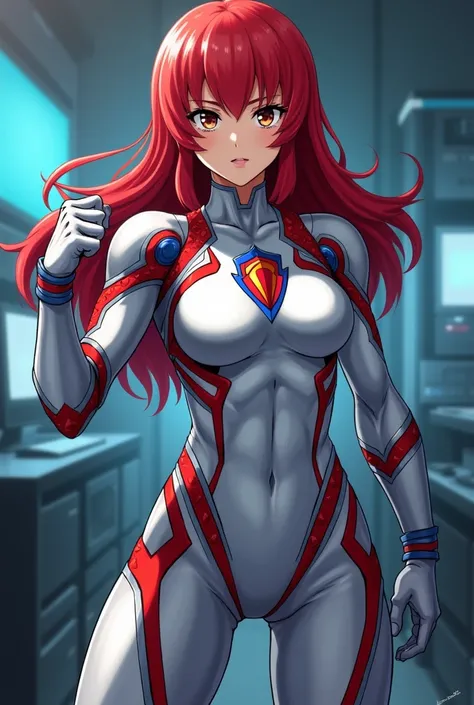   My Hero Academia Style ,   anime girl  , woman, young woman ,  full body shot ,( Fighting Stance :1.3), long hair, Red Hair,   Brown Eyes , hero suit, Full Body Suit, silver suit with red and blue details,  Perfect Anatomy  ,  enhanced abs , super detail...