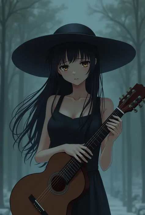 A woman in black dress and pale skin with long black hair who wears a sun hat while having a confused face while holding a black guitar in the style of the anime.