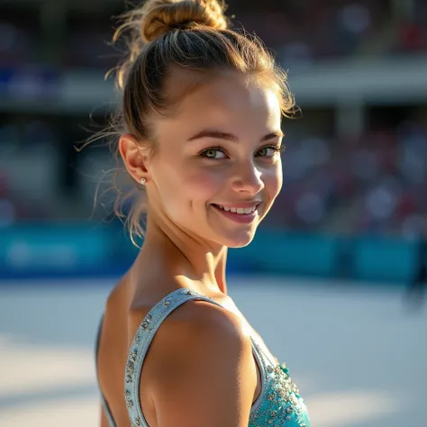   Girl practicing Rhythmic Gymnastics 
Height : 1,65m
Weight :  54kg
: light brown,  long and often tied in an elegant bun
Eyes :  green
Russian blonde skin : clara,  hair with a healthy shine
Style :  Sophisticated and delicate ,  with colorful sportswear...