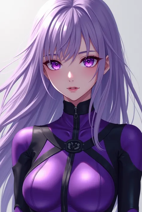 Long haired woman lilac , purple eyes,  purple leather clothing with black,  anime style Naruto  