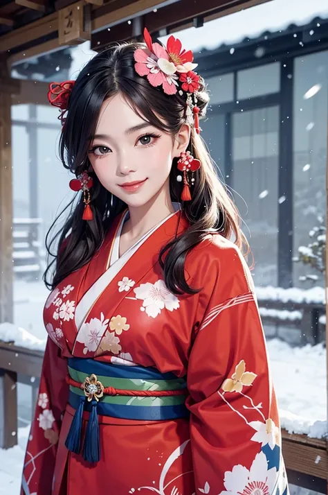 A bust shot of a smiling kimono-clad beauty in the midst of falling snow