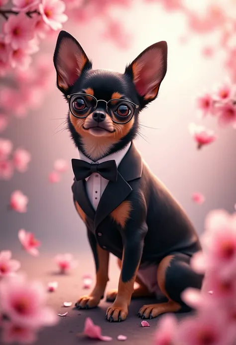 black tan chihuahua   wearing black suit shoes glasses  , cherry blossoms blowing in the wind, perfect masterpiece, high quality, high resolution