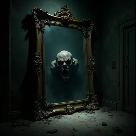  A dark, abandoned room with an old, dusty mirror in the center. The reflection in the mirror shows a distorted and sinister figure .  Disney type  