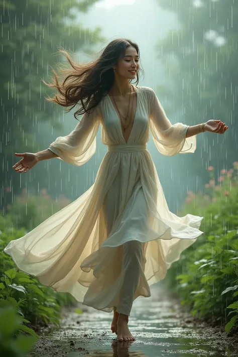 Image of beautiful girl dancing in rain