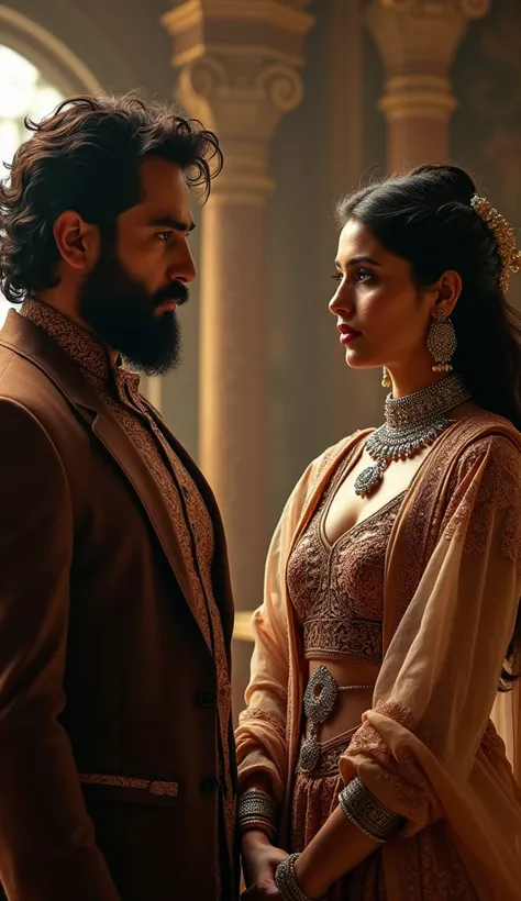 A Very Clear 4K Ultra HD Dynamic Image Of "A cunning minister, with a beard and dressed in brown attire, speaks deceitfully to Queen Meghna. Queen Meghna, standing in her royal attire, listens. The ministers face clearly shows slyness and trickery.