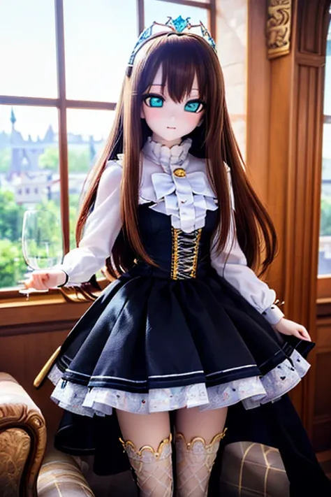 (SFW:2), photorealistic, realistic photo, 8k, Canon EOS, ((highest quality)), ((masterpiece)), (extremely detailed), dd, doll, idol dress, (mature woman, 19yo, 19 years old, solo, castle:1.6), (from front, holding a sword, tiara, brown hair, long hair, ido...