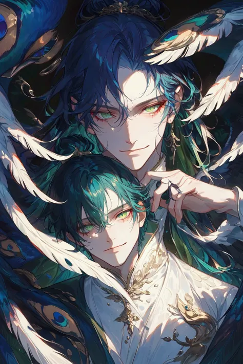 (outrageous, high-resolution, ultra-precise), (male), single, handsome, detailed eyes and detailed faces, blue hair, long hair, hair tied to one side, peacock-tailed feather background, green eyes, soft, smiling eyes, peacock-bird wings