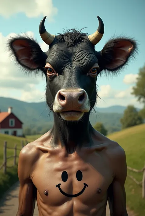 Mr. Nooui, an old mans face looks like a full-faced black cow.
Take off your shirt with a smiley face. Paila na farm house background