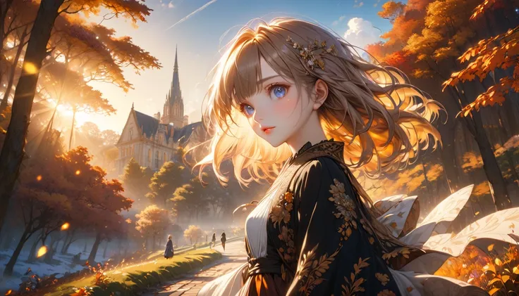 a beautiful autumn landscape, a girl walking on a path in the wind, detailed anime style, detailed character, detailed face, beautiful detailed eyes, beautiful detailed lips, extremely detailed face and features, long eyelashes, intricate details, vibrant ...