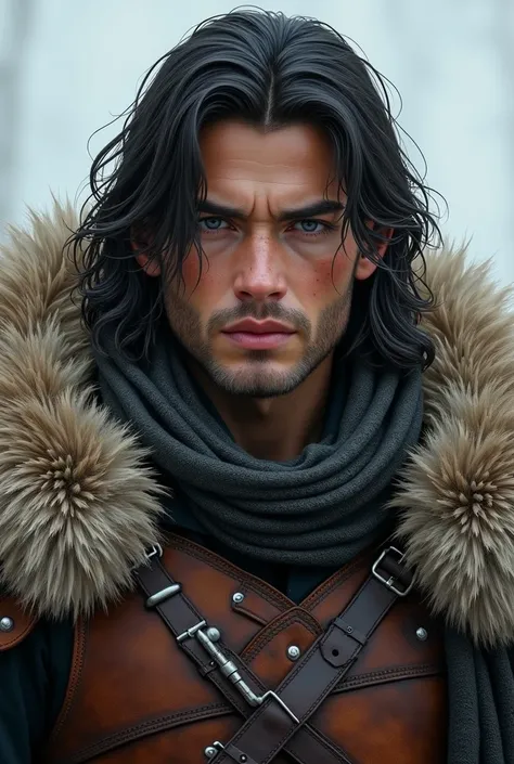 young adult human male, long black hair,  leather armor, heavy winter fur cloth, medium build, portrait