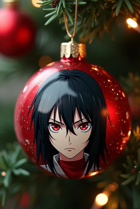  Red Christmas sphere,  to decorate Christmas tree , With the face of a young man, pale skinned,  long black hair , serious look, Ojos rojos, anime