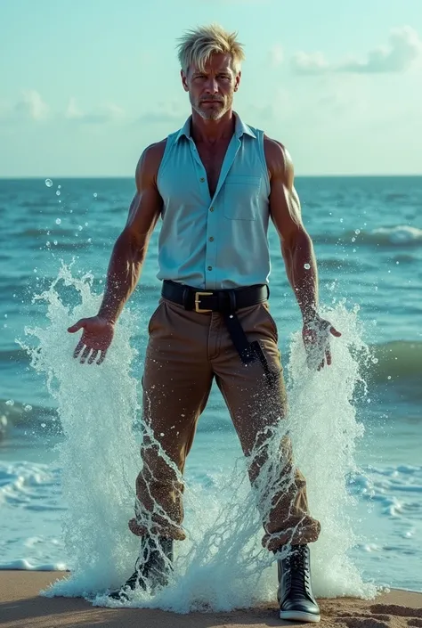 American man, solo, dark tan skin, short blonde shaggy hair, Cinematic glowing light blue eyes, serious grin, wearing light blue sleeveless shirt, brown pants with a black belt, black shoes, Cinematic controllering water from his hands, full body, standing...