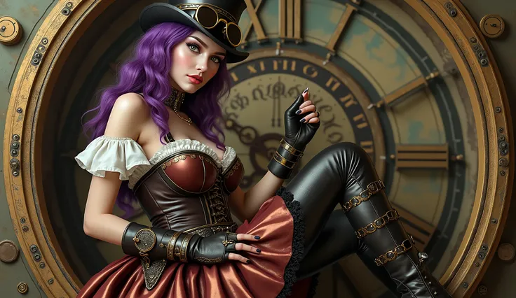 (((half-body))) 1 beautiful steampunk woman, young and with an exuberant appearance, woman has purple hair. Description of the woman who is the woman has (((very, super huge breasts swelling her plunging neckline blouse)), with a curvaceous hourglass figur...