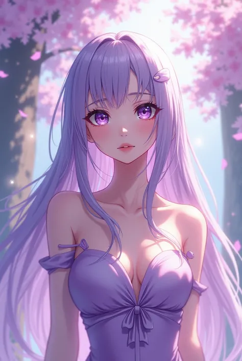 Long haired woman lilac , purple eyes, Lilac clothes,  anime style Naruto  