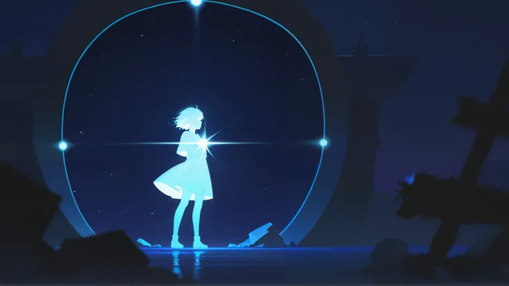 The girl and the spirit standing next to the glowing ship, placing fragments of stars into its structure. Each piece emits a bright light, slowly restoring the ships brilliance.