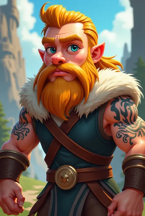  Viking character in cartoon form, rubio, Young and long-haired tied.  With tattoos on his arms and short beard .  athletic build .