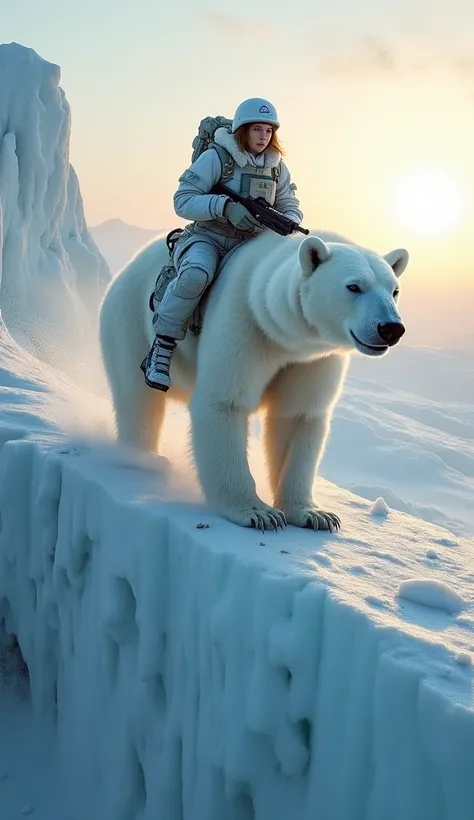 Riding on the back of a giant white bear, a female soldier in light blue and white tactical gear moves cautiously along the edge of a glacial cliff. The White Bears sharp claws scrape the ice, causing small fragments to fall into the abyss below. A soldier...