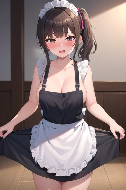 ((best quality)), ((masterpiece)), (detailed),1girl。brown hair side ponytail。blunt bangs。 Maid Hairband 。(( naked apron)) 。orgasm。sweat。nsfw。pubic hair。 1 boy, ((sex))。Semen comes out,　Love juice spills out。