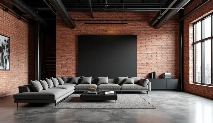 "A modern industrial-style living room with exposed brick walls, black metal accents, and a wide-open space with no furniture."
