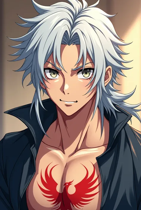  Create an image of an anime-style character with silky and slightly disheveled white hair,  giving a rebellious and intriguing air .  The character must have a defined and athletic body ,  highlighting subtle muscles that highlight his strength and agilit...