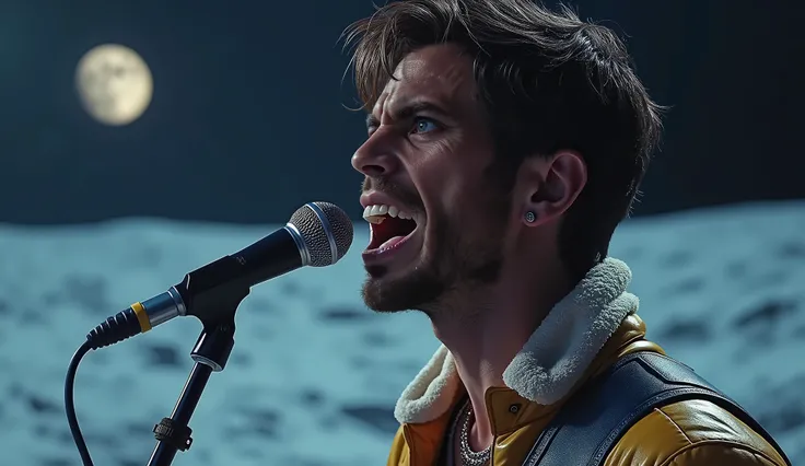 a beautiful male singer performing on the moon, detailed facial features, singing passionately, dramatic lunar landscape, glowing moonlight, photorealistic, cinematic lighting, vibrant colors, hyperrealistic, highly detailed