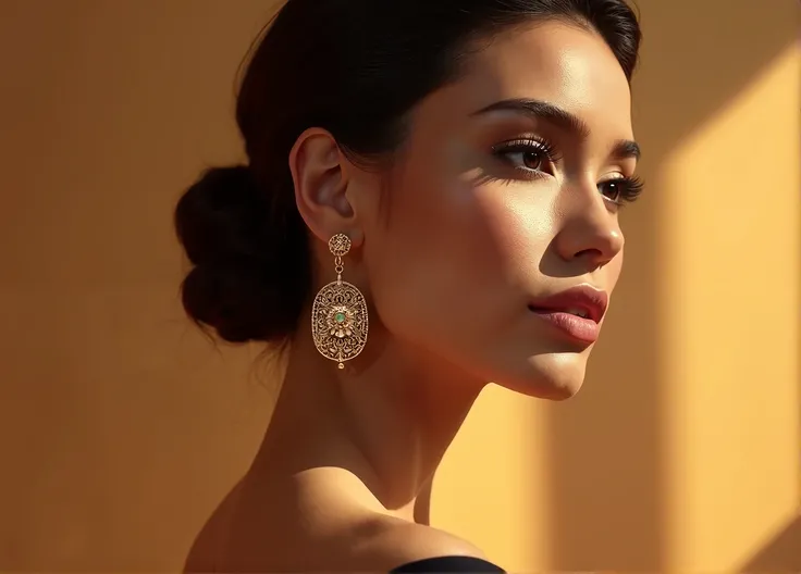 A sophisticated woman radiating elegance, with her face subtly turned to emphasize a pair of exquisite gold earrings. The earrings are intricately designed, exuding luxury and refinement as they catch the light beautifully. The background features a smooth...