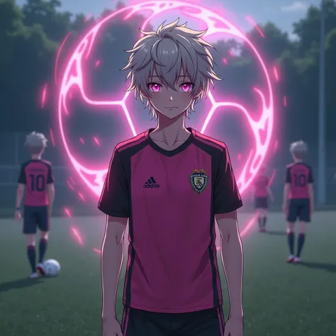 ( shadow aura), anime boy, teen, mature,  pink and black soccer uniform , light hair,  multicolored eyes , soccer camp, fullbody