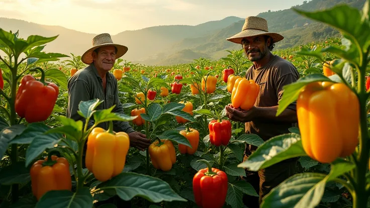 Farmers are harvesting giant bell peppers in a vast bell pepper field.