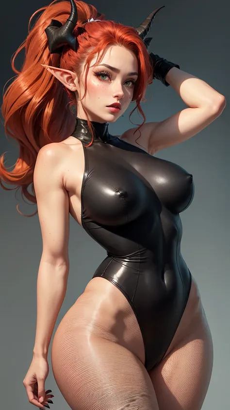 Short female wearing a pink ballet leotard and black pantyhose. half elf half dragon. human shape. human face. narrow waist. large breasts. wide hips. long dark cherry red hair up in a ponytail. matte black painted lips. green snake eyes. tanned skin. frec...