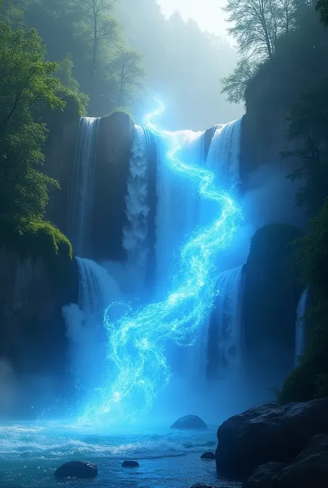 Perfect details,High definition,Realistic,Blue dark plate light wave moving at an angle,Nature background in the middle of a waterfall flowing along natural rocks,Morning light,Fog,Template moving diagonally from the top left corner moving down to cover th...