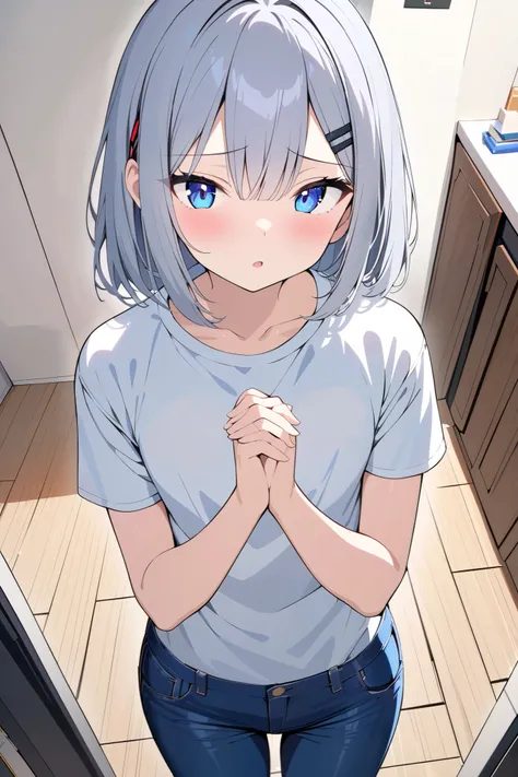 (masterpiece), (best quality), (ultra detailed), 1 girl, late teenage, standing, own hands clasped, white t-shirt, jeans, black hairpin, bob cut, silver hair, blue eyes, blush, inside the room