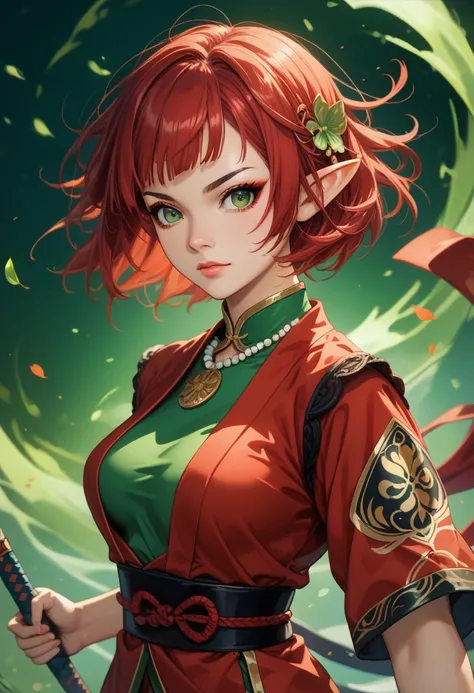 Beautiful elf female, photoreaistic, warrior monk, fair skin, (((short red hair))), green eyes, black eyeliner, ((medium breasts)), pointy ears, strong, fit. Wearing green chinese shirt. Japanese village background. Wearing Buddhist bead necklace. Kung fu ...