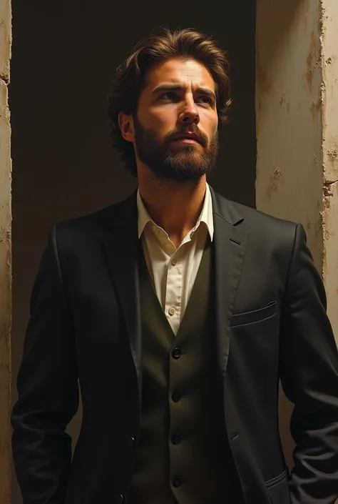 It features the rich young man in a suit leaning forward slightly with emotion,  showing a gesture of anticipation as he seeks clear guidance for his spiritual life with Jesus
