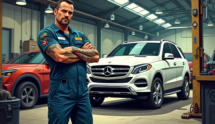 Create a comic drawing of a mechanic in a workshop wearing jumpsuit ,  arms crossed , tattoo,  dirty grease placed on the front of one of the white SUV cars in the background of other cars under maintenance 