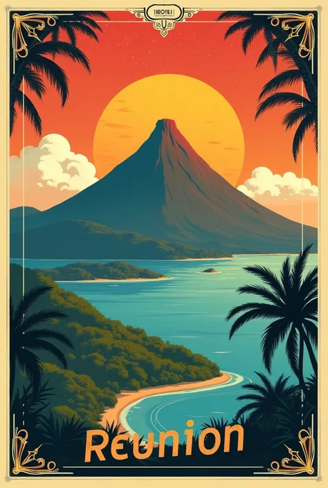 Créé moi une affiche de voyage rétro de lîle de la réunion Avec le piton de la fournaise 