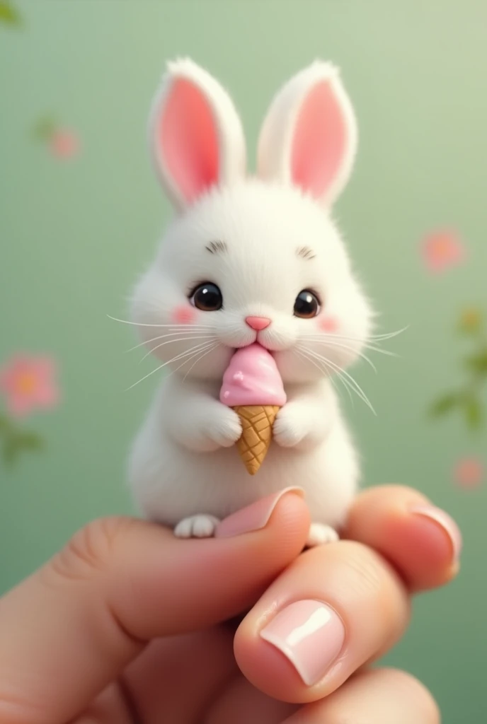 There is a little bunny on the finger ， Little Minzis body is the size of a nail cover ，White furry， It holds a small object similar to ice cream in its mouth。Natural background blurry ， to highlight the cute image of Little Minzi 。 a clear cute image of a...