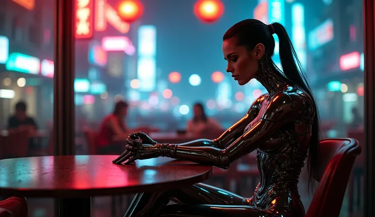 a beautiful female cyborg sitting erotically at a cafe table, one foot on the other, highly detailed, photorealistic, 8k, studio lighting, intricate details, complex machinery, glowing cybernetic implants, glossy metallic skin, seductive pose, futuristic n...