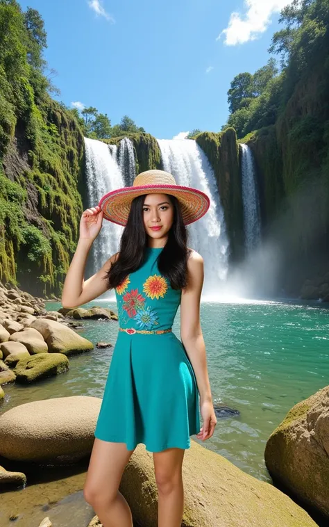 create a hyper realistic image that is very detailed, close-up camera of a beautiful Indonesian woman with long, soft flowing black hair, medium body size, wearing a turquoise dress with complicated colorful flower motifs with a knee skirt that looks like ...