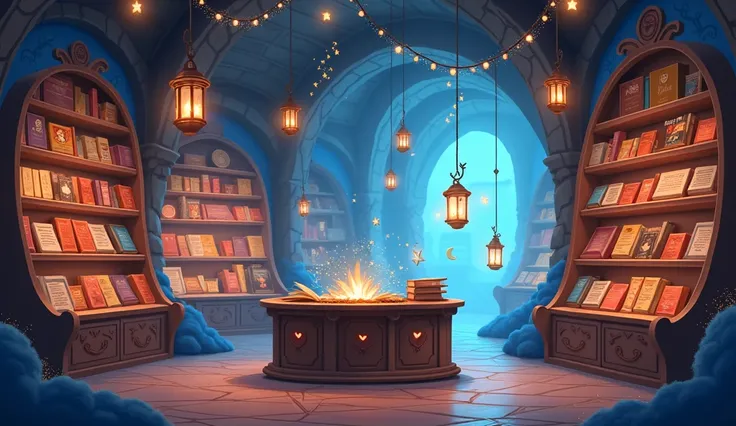 
“A magical bookstore illustrated in a whimsical, like style, with warm blue and brown tones. Thick, enchanting spellbooks with glowing symbols are stacked neatly on wooden shelves that curve playfully toward the ceiling. A sturdy wooden counter sits at th...