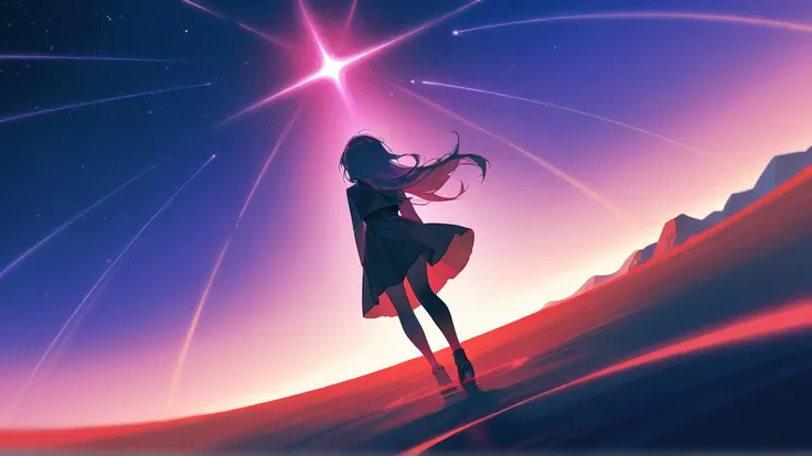 A massive canyon illuminated by streaks of falling stars, with dark fog curling through the chasms. The girl and the spirit cautiously navigate a narrow path.