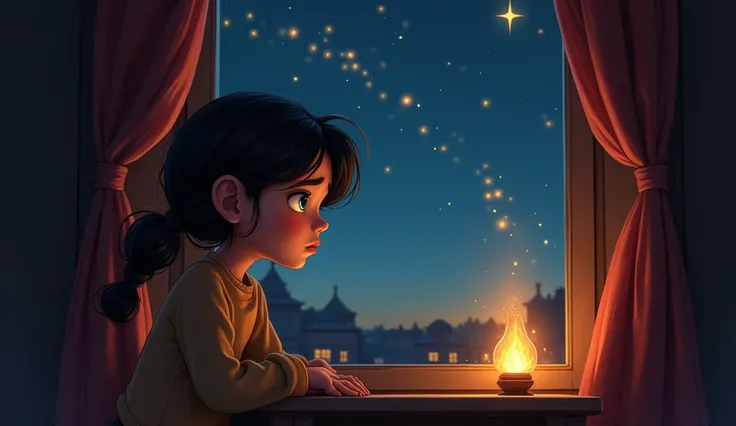 Lucía, with a sad expression on her face, sits by the window staring at the sky. The room is warm and cozy, with the soft glow of the fireplace gently illuminating her face, but outside, the air feels cold and mysterious. The sky is clear and filled with s...