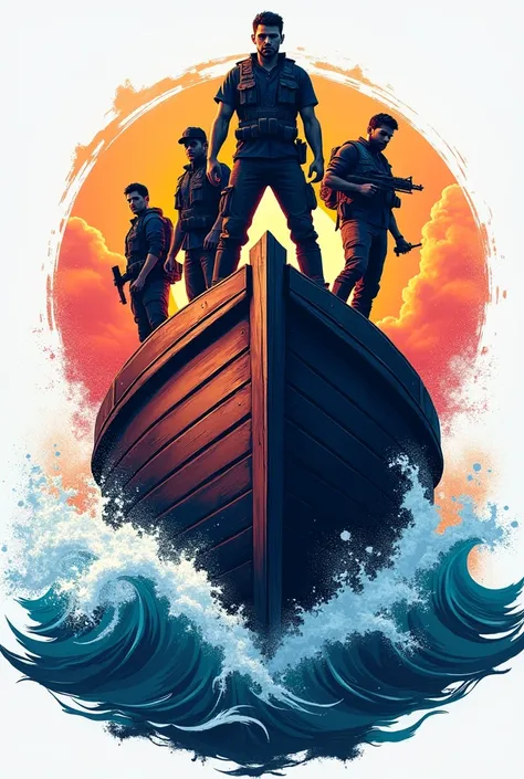  A logo of a boat pierced in the sea, with four crew members on top . Para um time de free fire
