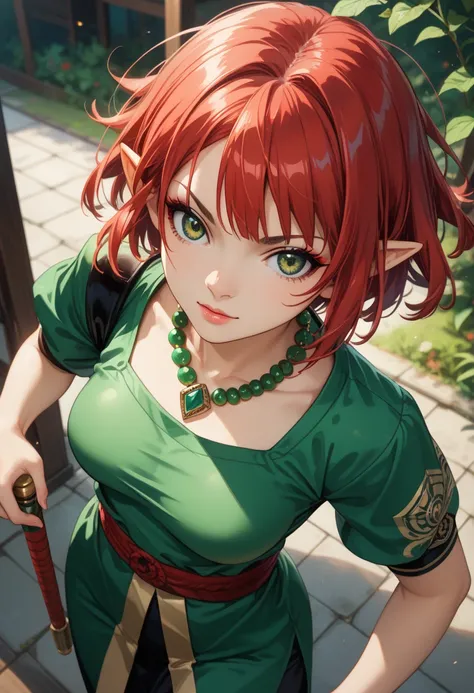 Beautiful elf female, photoreaistic, warrior monk, fair skin, (((short red hair))), green eyes, black eyeliner, ((medium breasts)), pointy ears, strong, fit. Wearing green chinese shirt. Japanese village background. Wearing Buddhist bead necklace. Kung fu ...