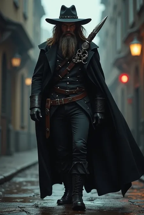 Create a male blood hunter based on dungeons and dragons 5th edition. He hunts vampires, werewolfs and other dark creatures. He uses all black clothes, with a long cape, and a hat. He has brown long hair. Think about bloodborne and van hellsing to the crea...